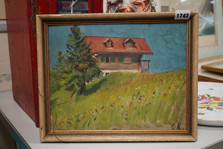 Continental School, Chalet on a hillside, monogrammed O. R., oil on artist's board, 23 x 29cm